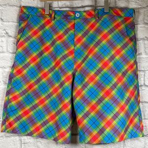 Bell Uniform Design Plaid Print Mens Golfing Shorts Size 40 Neon Bright Colors